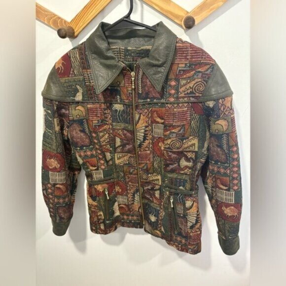🌟VINTAGE🌟 LEATHER RANCH- Tapestry JACKET - Picture 1 of 14